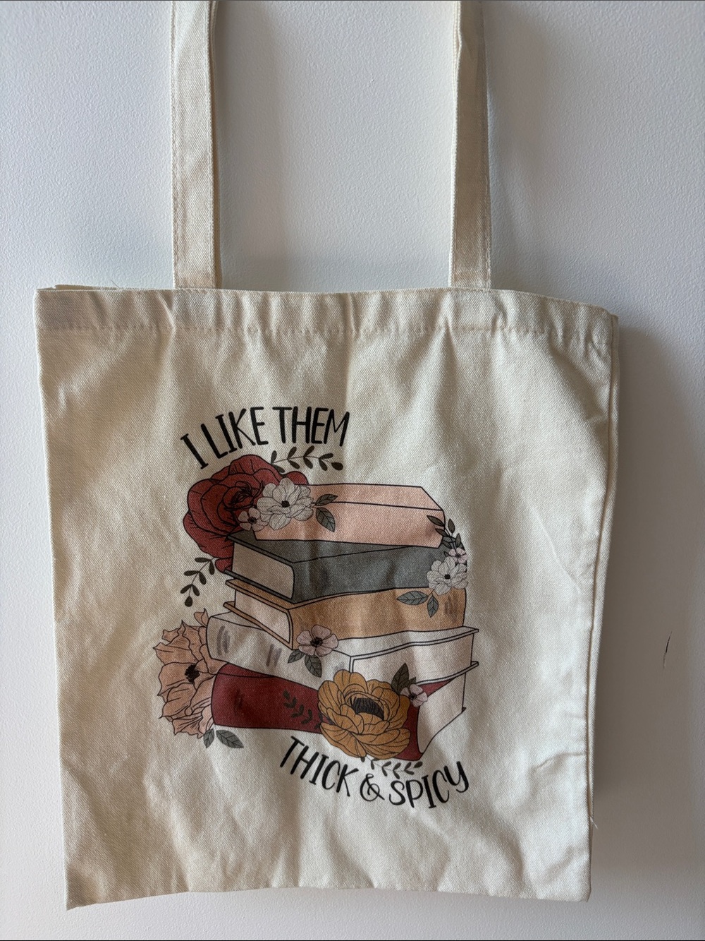 Canvas book Tote Bag with Floral Book Stack - Cream